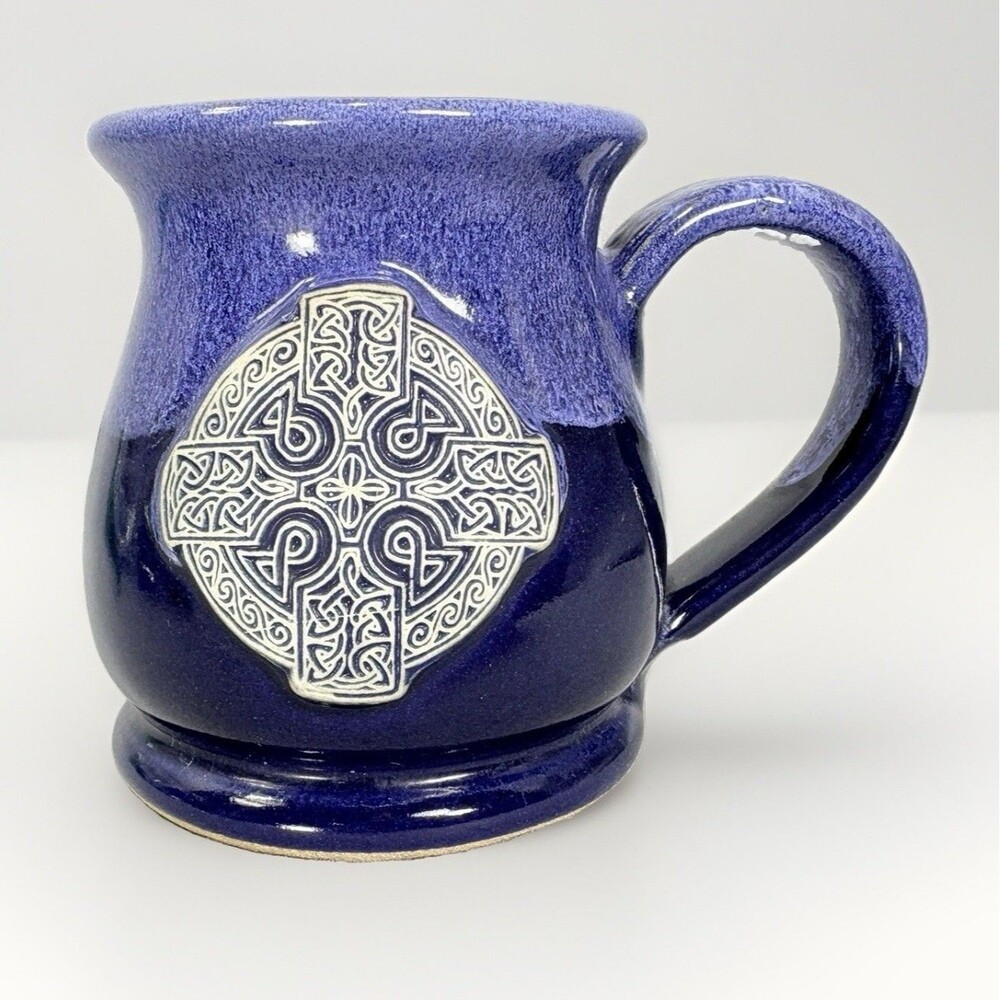 Celtic Cross Blue Mug Black Dog Pottery Studio Ontario Canada 10 oz Potbelly